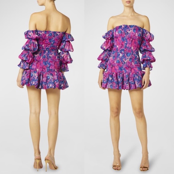 MISA Los Angeles Noura Smocked Mini Dress Watercolor Blues Size XS - Picture 6 of 11